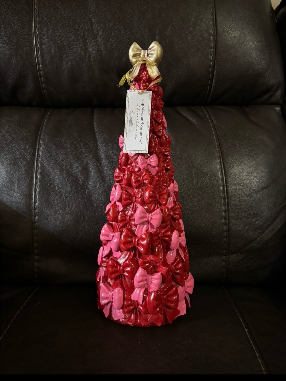 Cupcakes and cashmere Red and Pink Bow Cone Tree with Gold Bow Top